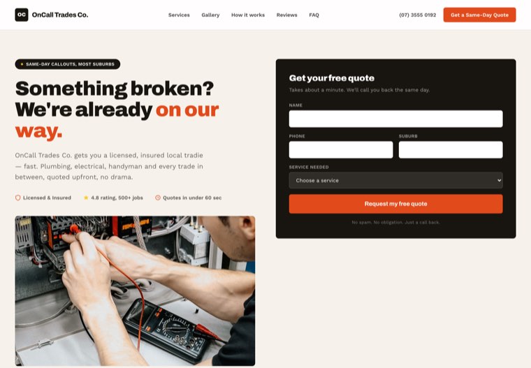 The QuickQuote Trades website template